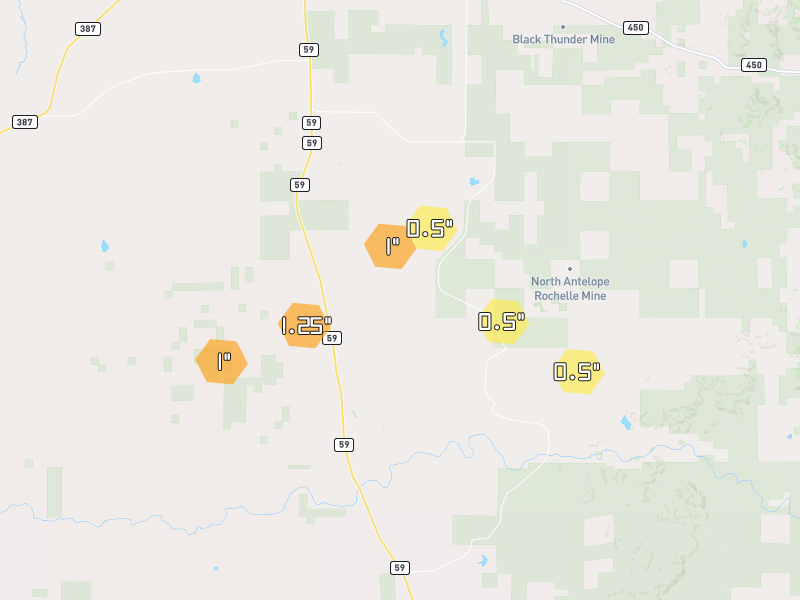 Hail map of Gillette, WY on Jun 3, 2026, hail up to 1.25"