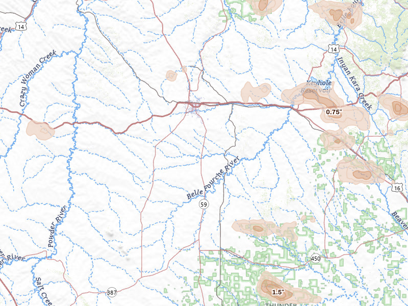 Radar-estimated hail-size map of the storm over Gillette, WY on Jun 4, 2026