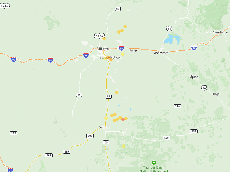 Hail map of Gillette, WY on Jun 4, 2026, hail up to 1.5"