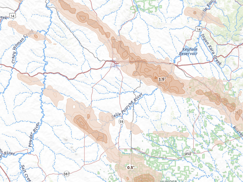 Radar-estimated hail-size map of the storm over Gillette, WY on Jun 22, 2026