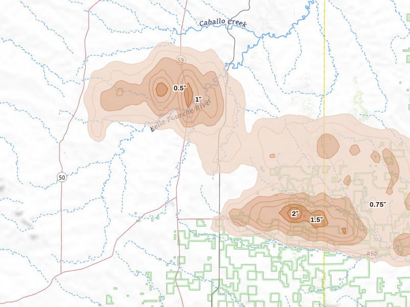 Radar-estimated hail-size map of the storm over Gillette, WY on Aug 12, 2026