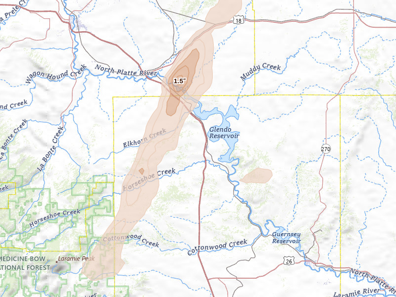 Radar-estimated hail-size map of the storm over Glendo, WY on Jun 2, 2026