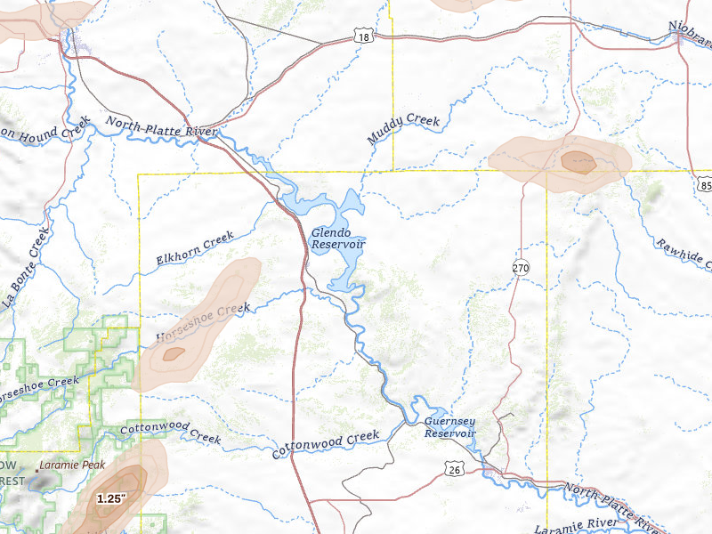 Radar-estimated hail-size map of the storm over Glendo, WY on Aug 15, 2026