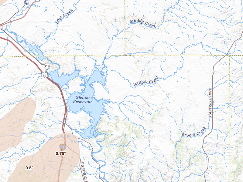 Radar-estimated hail-size map of the storm over Glendo, WY on Aug 22, 2026