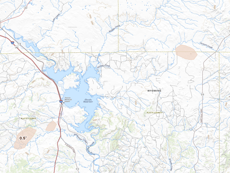 Radar-estimated hail-size map of the storm over Glendo, WY on Sep 18, 2026