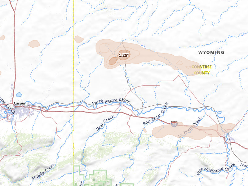 Radar-estimated hail-size map of the storm over Glenrock, WY on Aug 15, 2026