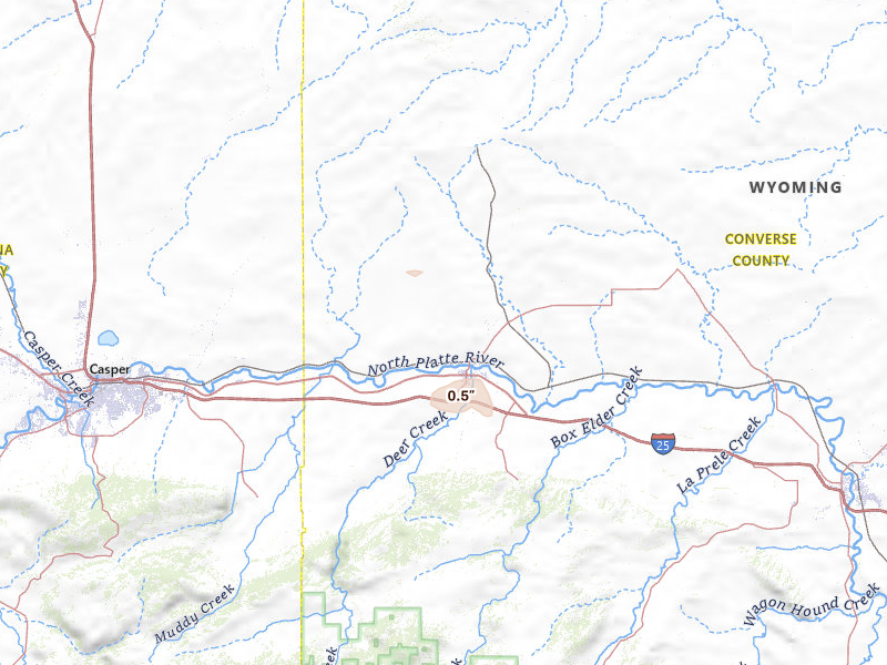 Radar-estimated hail-size map of the storm over Glenrock, WY on Aug 26, 2026
