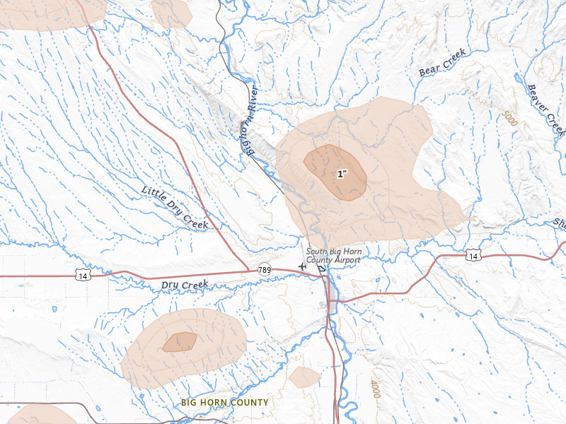 Radar-estimated hail-size map of the storm over Greybull, WY on Jul 7, 2026