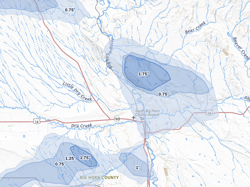 NEXRAD radar-signature map of the hail storm over Greybull, WY on Jul 7, 2026
