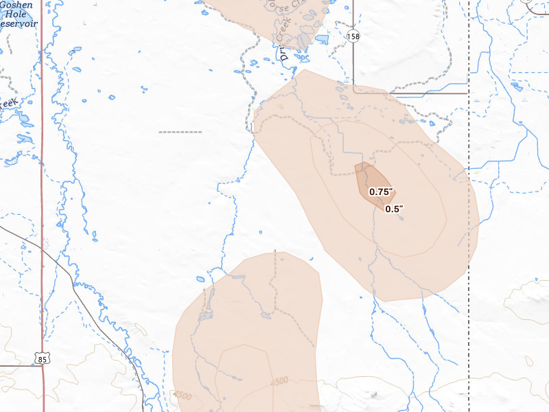 Radar-estimated hail-size map of the storm over Hawk Springs, WY on May 29, 2026