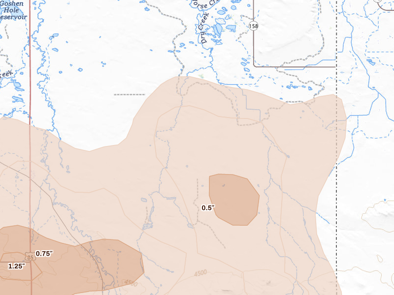 Radar-estimated hail-size map of the storm over Hawk Springs, WY on Jun 8, 2026