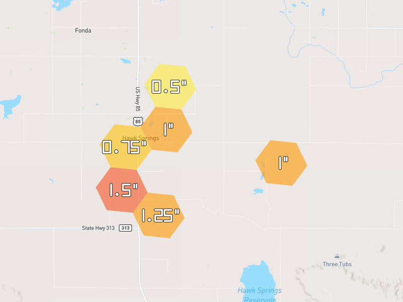 Hail map of Hawk Springs, WY on Jun 9, 2026, hail up to 1.5"