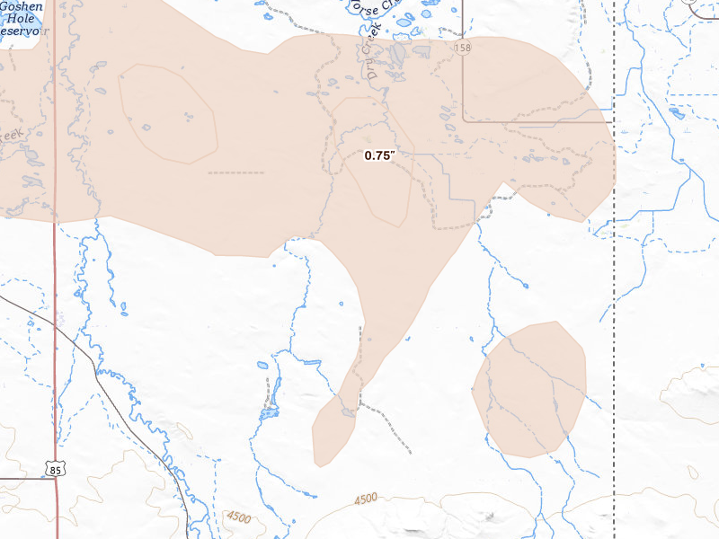 Radar-estimated hail-size map of the storm over Hawk Springs, WY on Jun 20, 2026