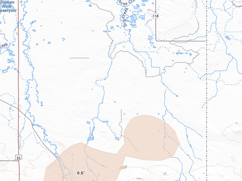 Radar-estimated hail-size map of the storm over Hawk Springs, WY on Jul 9, 2026