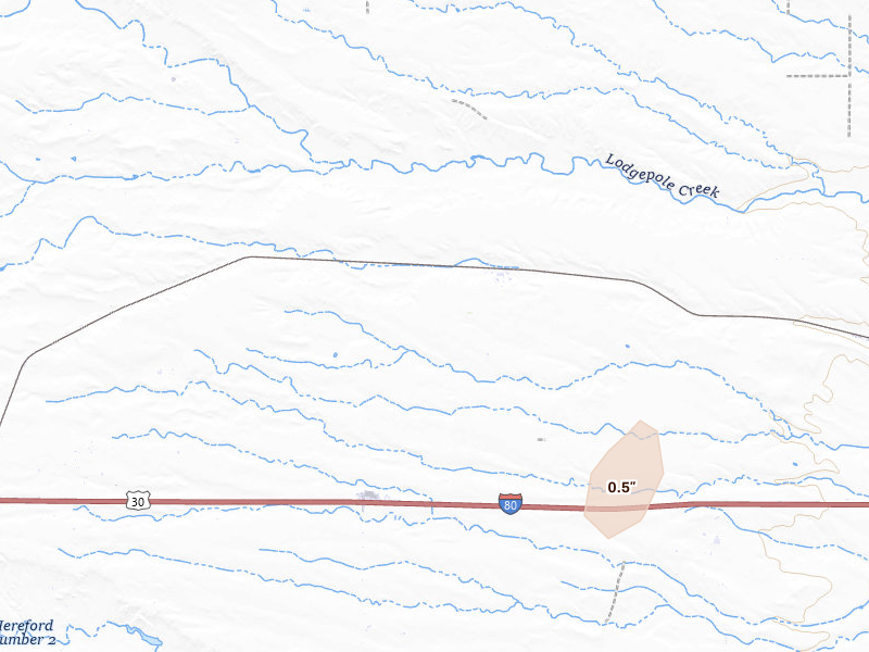 Radar-estimated hail-size map of the storm over Hillsdale, WY on May 16, 2026