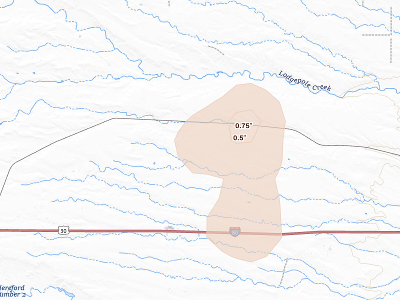 Radar-estimated hail-size map of the storm over Hillsdale, WY on Jul 3, 2026