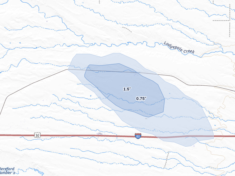 NEXRAD radar-signature map of the hail storm over Hillsdale, WY on Jul 3, 2026