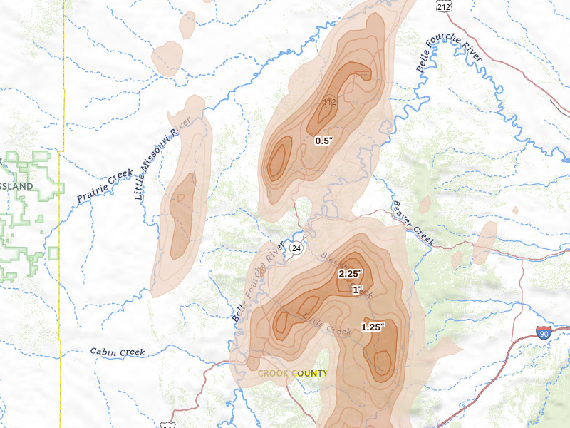 Radar-estimated hail-size map of the storm over Hulett, WY on Jun 2, 2026