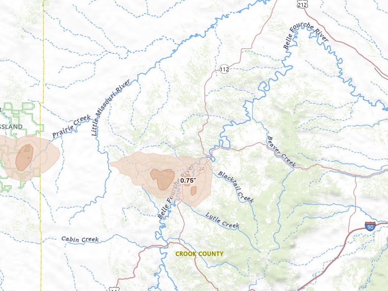 Radar-estimated hail-size map of the storm over Hulett, WY on Jun 4, 2026