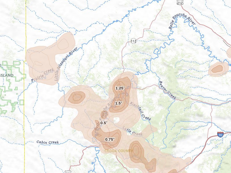 Radar-estimated hail-size map of the storm over Hulett, WY on Jul 3, 2026