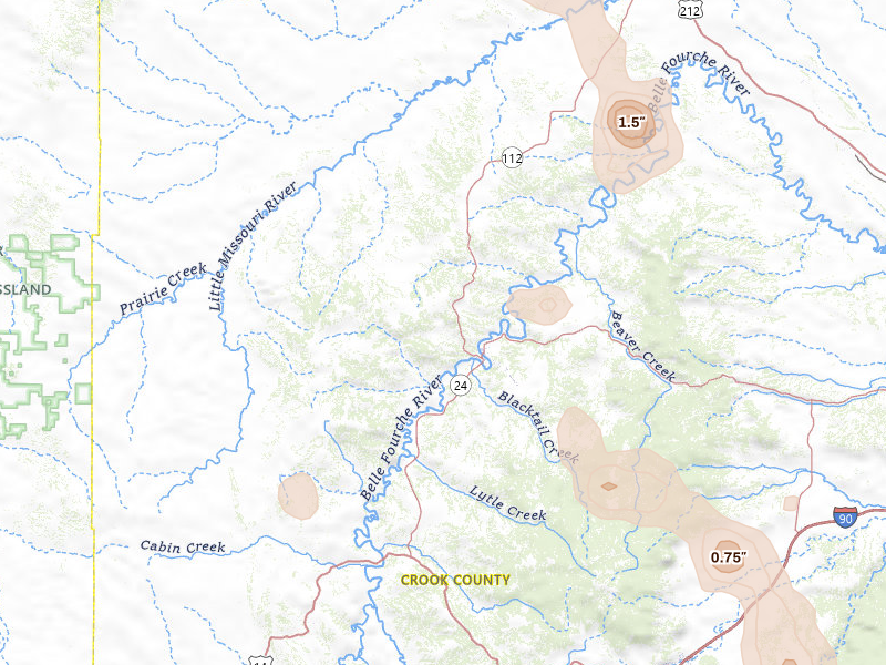Radar-estimated hail-size map of the storm over Hulett, WY on Jul 8, 2026