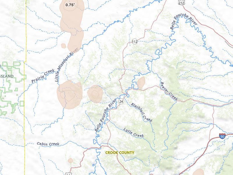 Radar-estimated hail-size map of the storm over Hulett, WY on Jul 16, 2026