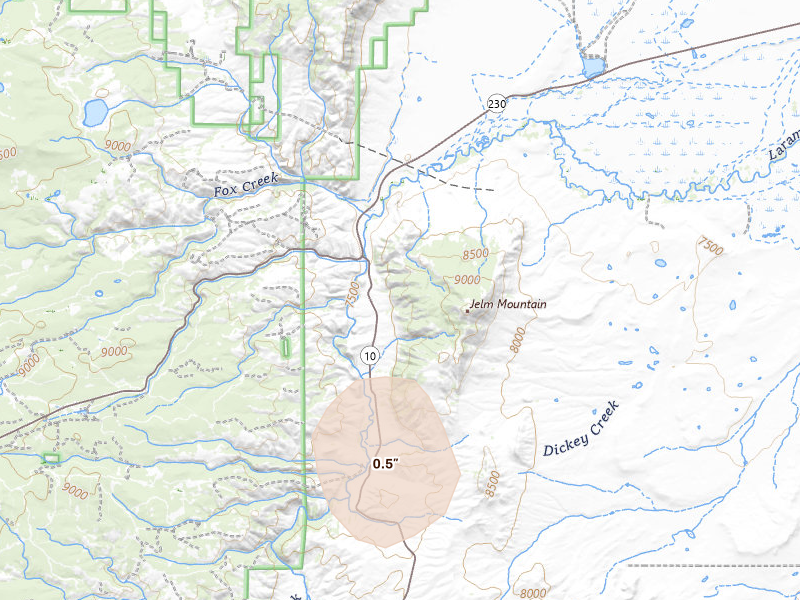 Radar-estimated hail-size map of the storm over Jelm, WY on Jul 21, 2026