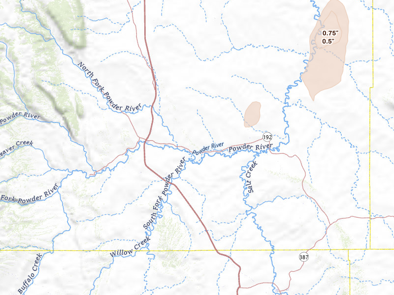 Radar-estimated hail-size map of the storm over Kaycee, WY on Jun 7, 2026