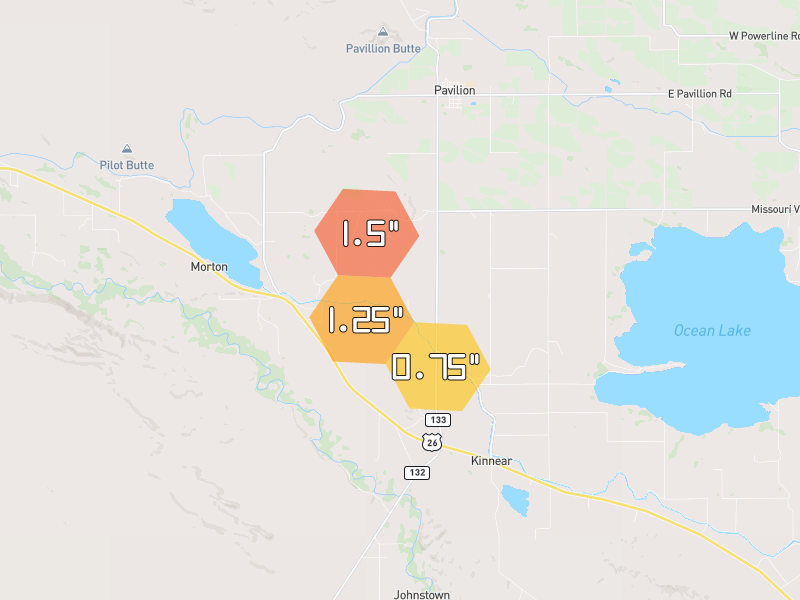 Hail map of Kinnear, WY on Jul 23, 2026, hail up to 1.5"