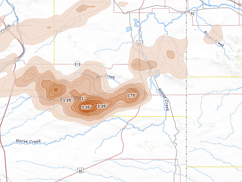 Radar-estimated hail-size map of the storm over Lagrange, WY on Jun 8, 2026