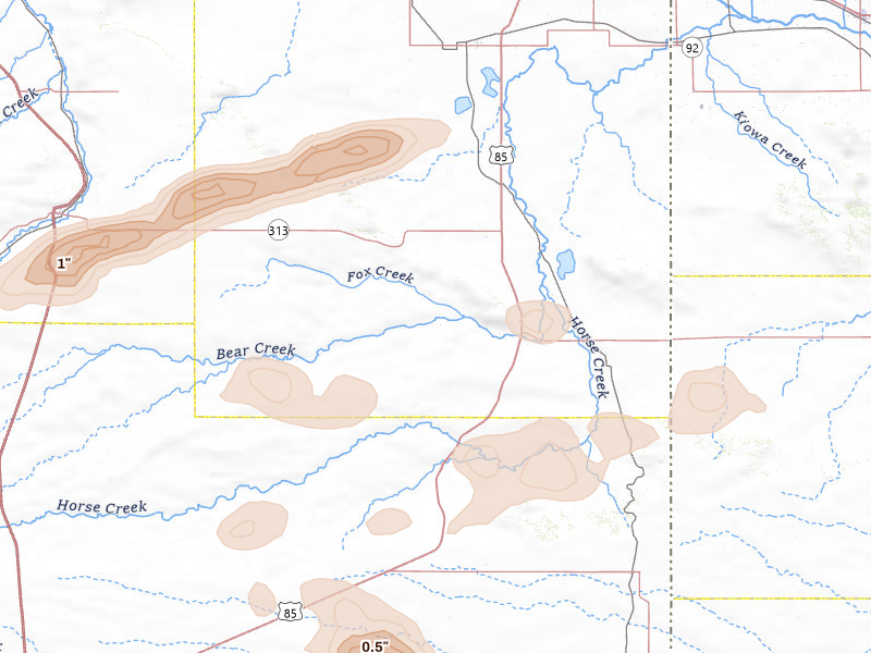 Radar-estimated hail-size map of the storm over Lagrange, WY on Jul 8, 2026