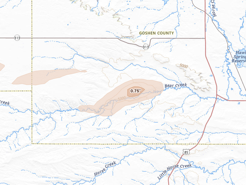 Radar-estimated hail-size map of the storm over Lagrange, WY on Aug 16, 2026