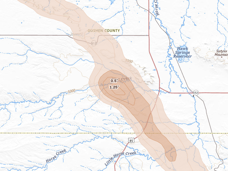 Radar-estimated hail-size map of the storm over Lagrange, WY on Aug 25, 2026