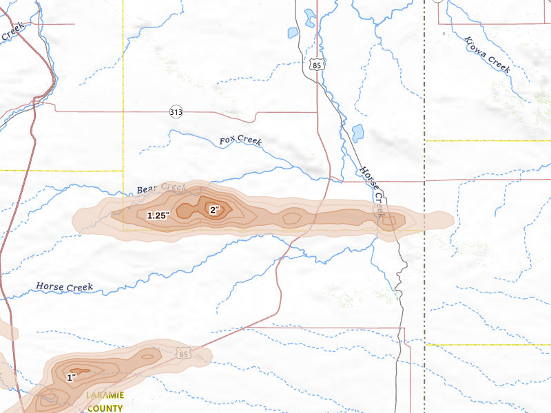 Radar-estimated hail-size map of the storm over Lagrange, WY on Aug 26, 2026