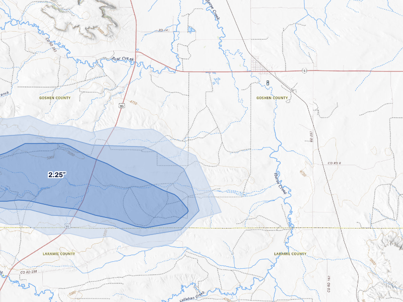 NEXRAD radar-signature map of the hail storm over Lagrange, WY on Aug 26, 2026