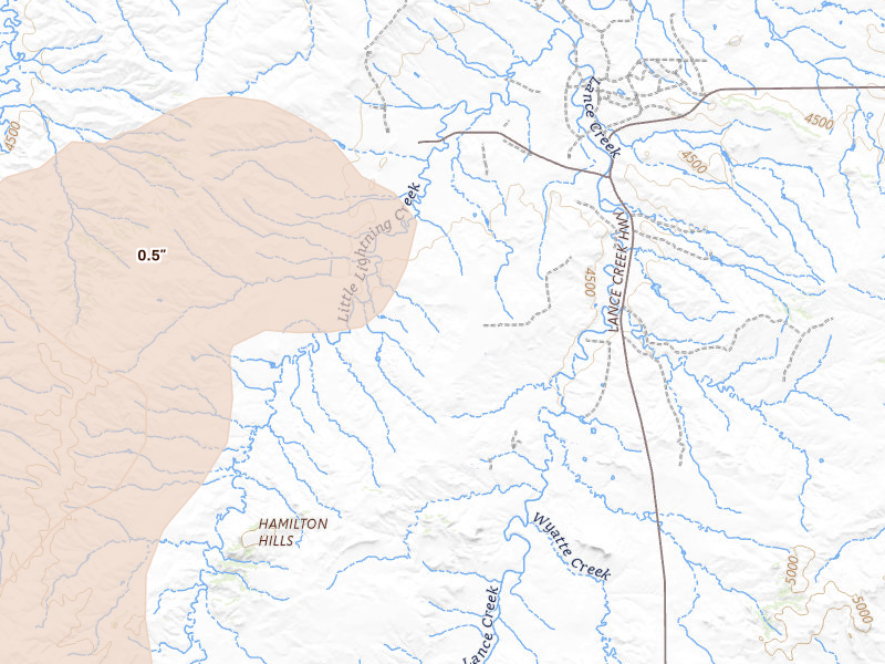 Radar-estimated hail-size map of the storm over Lance Creek, WY on Jul 8, 2026