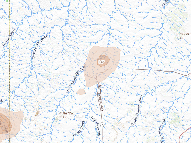 Radar-estimated hail-size map of the storm over Lance Creek, WY on Aug 22, 2026