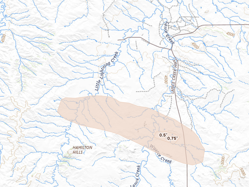 Radar-estimated hail-size map of the storm over Lance Creek, WY on Aug 26, 2026