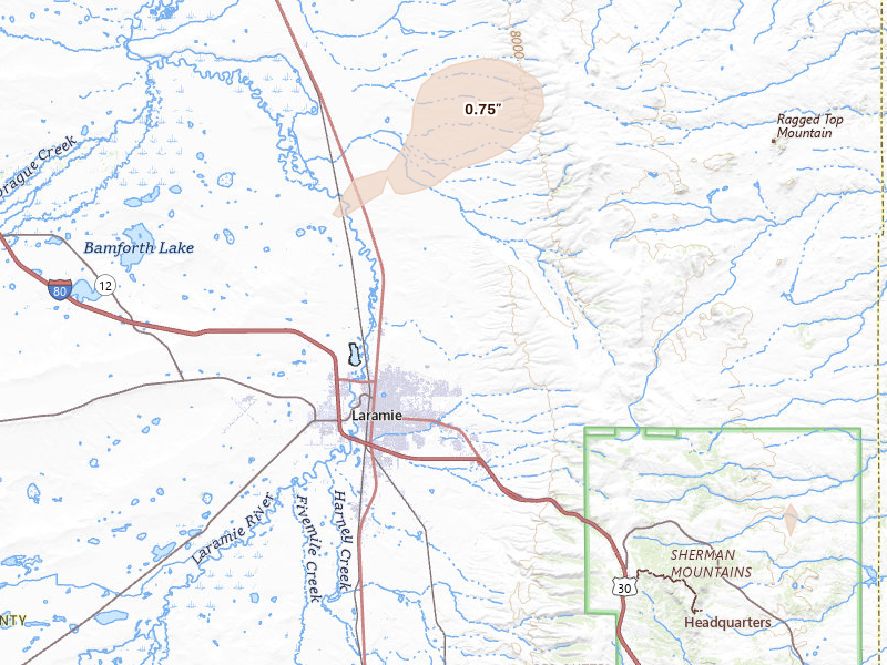 Radar-estimated hail-size map of the storm over Laramie, WY on Jul 8, 2026