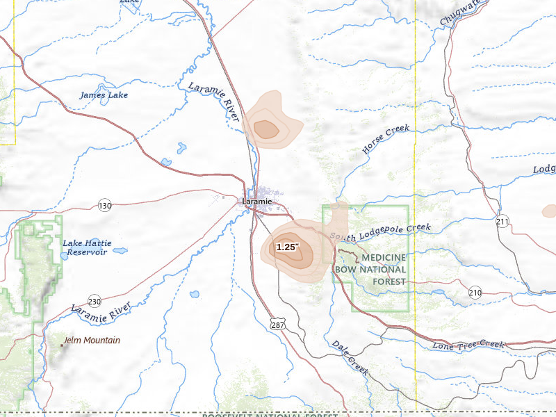Radar-estimated hail-size map of the storm over Laramie, WY on Aug 22, 2026