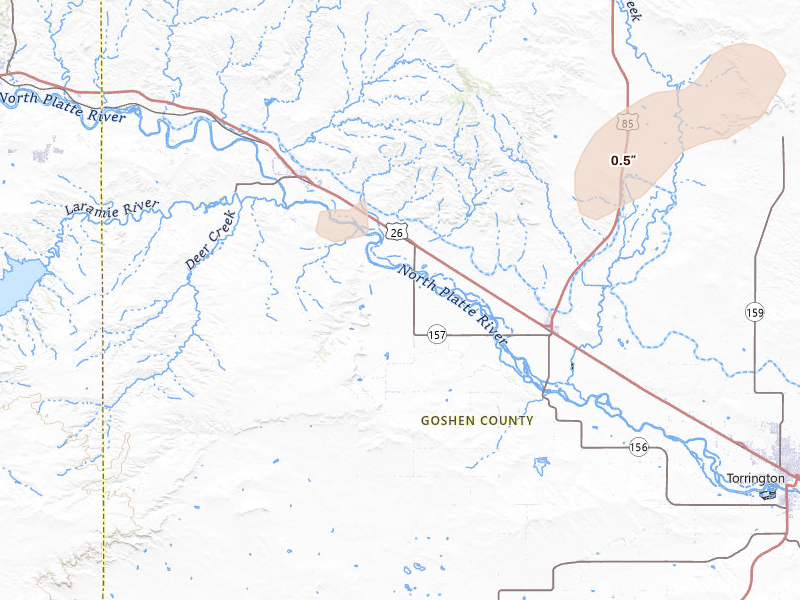 Radar-estimated hail-size map of the storm over Lingle, WY on May 21, 2026