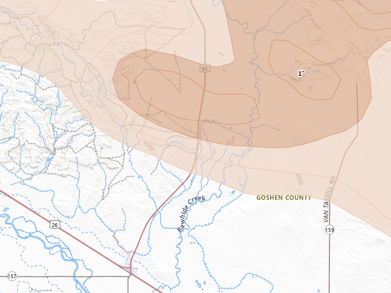 Radar-estimated hail-size map of the storm over Lingle, WY on Aug 21, 2026