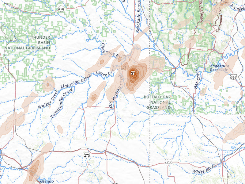 Radar-estimated hail-size map of the storm over Lusk, WY on Jun 2, 2026