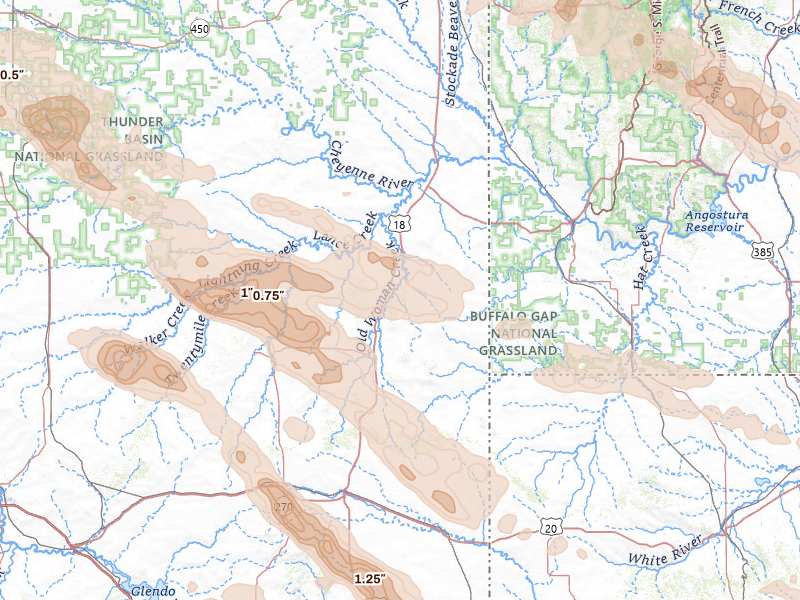 Radar-estimated hail-size map of the storm over Lusk, WY on Jun 22, 2026