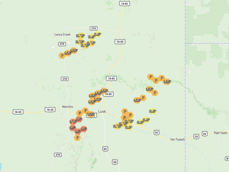 Hail map of Lusk, WY on Jun 26, 2026, hail up to 1.75"