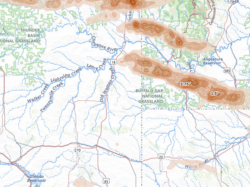Radar-estimated hail-size map of the storm over Lusk, WY on Aug 12, 2026