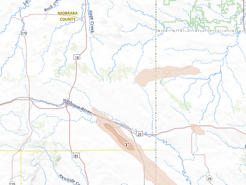 Radar-estimated hail-size map of the storm over Lusk, WY on Aug 25, 2026