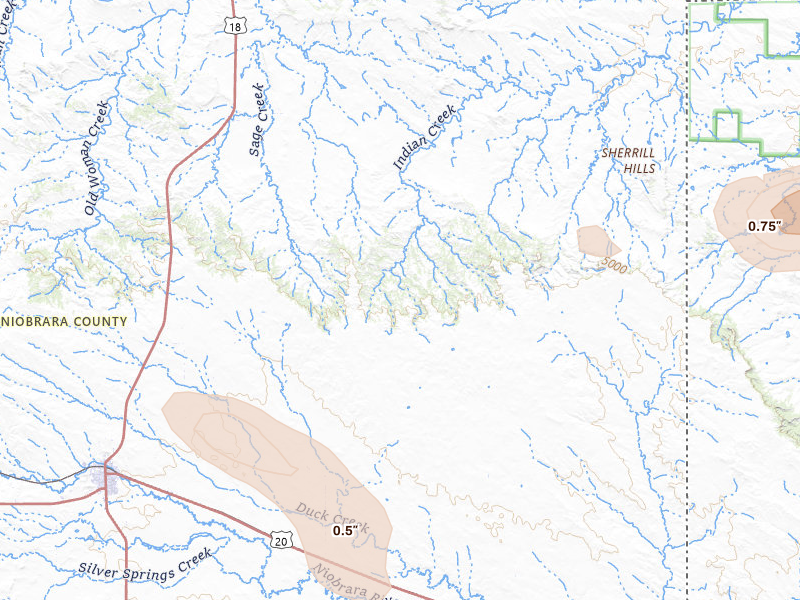 Radar-estimated hail-size map of the storm over Lusk, WY on Aug 26, 2026