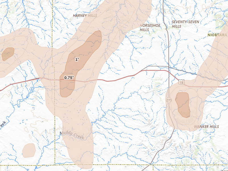Radar-estimated hail-size map of the storm over Manville, WY on Jun 26, 2026