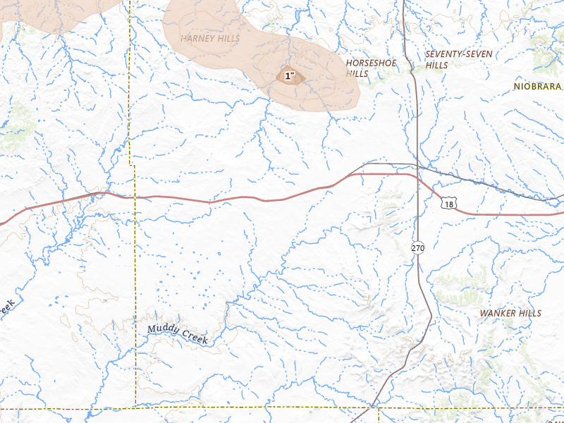 Radar-estimated hail-size map of the storm over Manville, WY on Jul 8, 2026